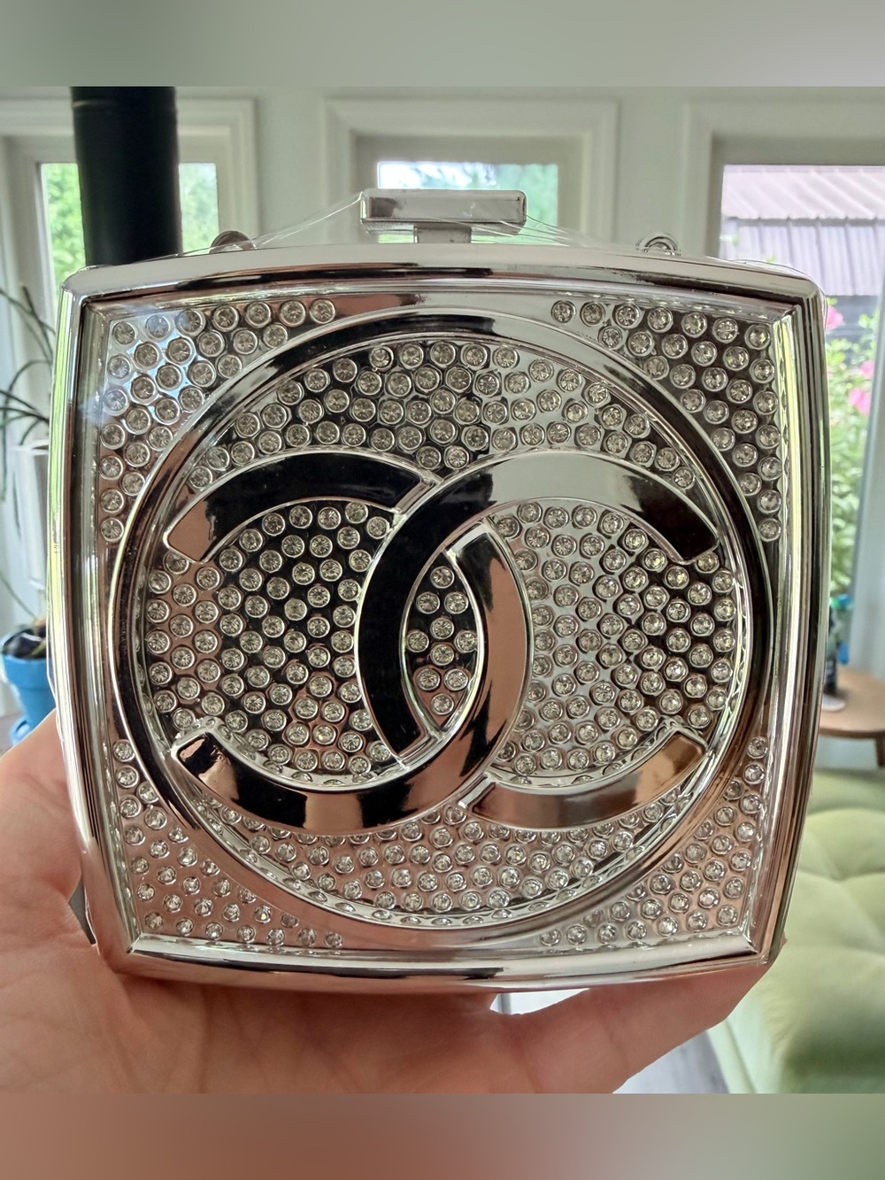 SEALED Source Unknown Silver Chanel Inset Crystal Perfume Bottle Clutch on Chain - Picture 2 of 15